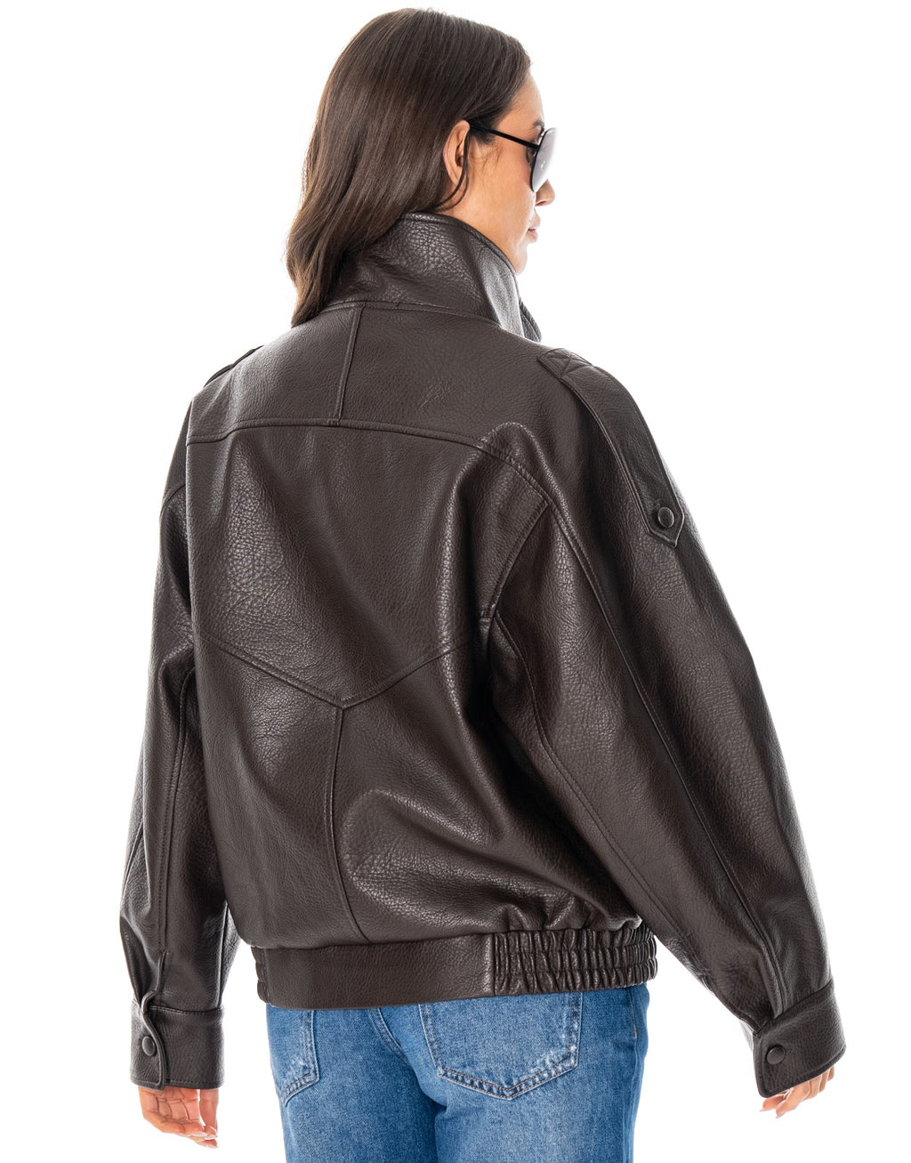 Oversized Faux Leather Bomber Jacket - Brown