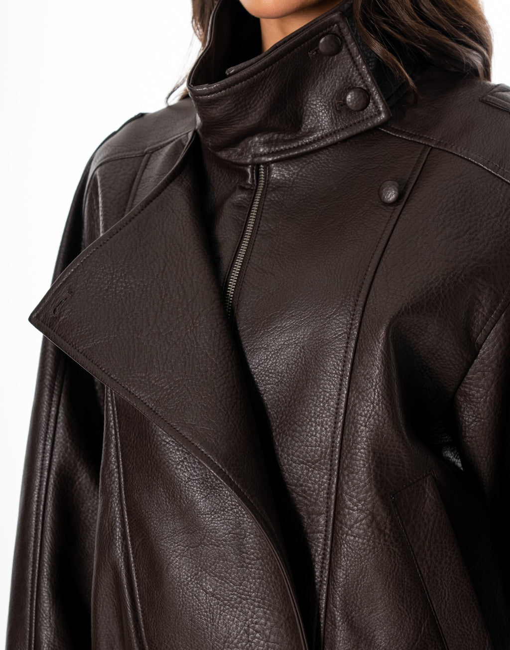 Oversized Faux Leather Bomber Jacket - Brown