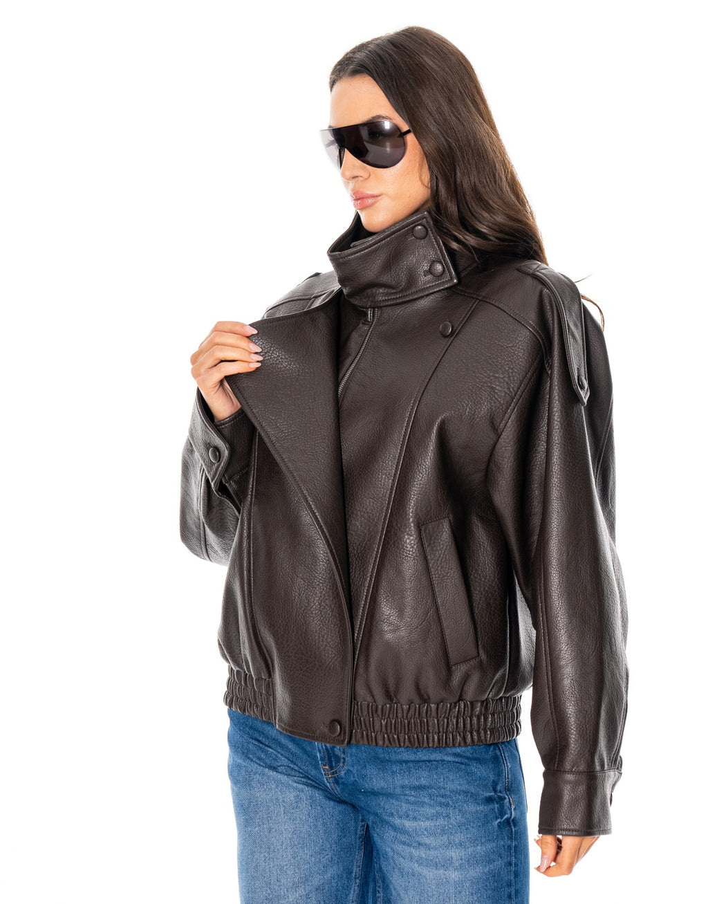 Oversized Faux Leather Bomber Jacket - Brown