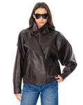 Oversized Faux Leather Bomber Jacket - Brown