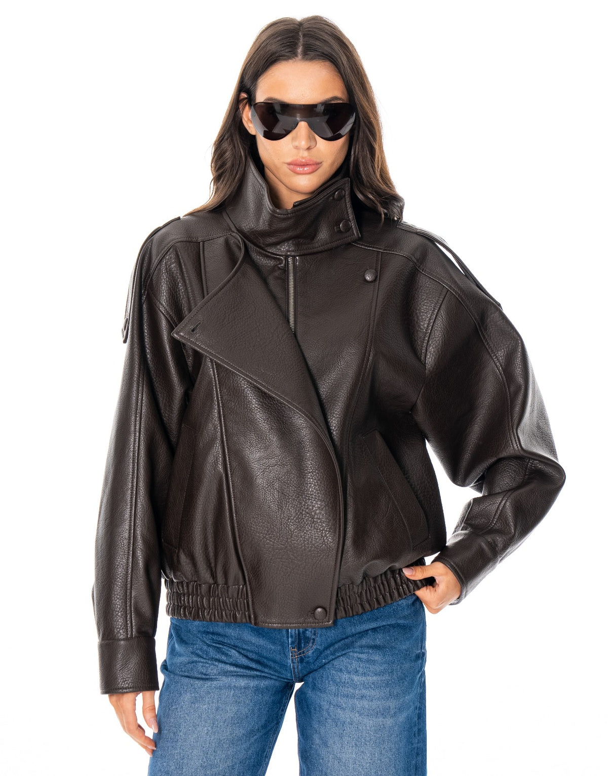 Oversized Faux Leather Bomber Jacket - Brown