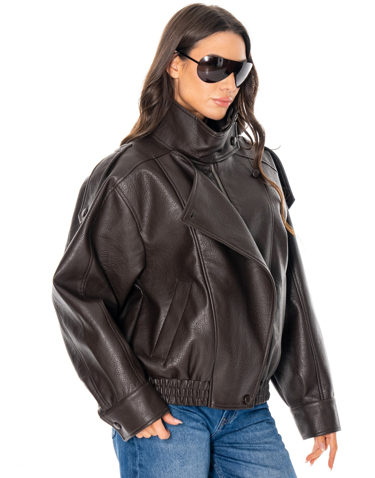 Oversized Faux Leather Bomber Jacket - Brown