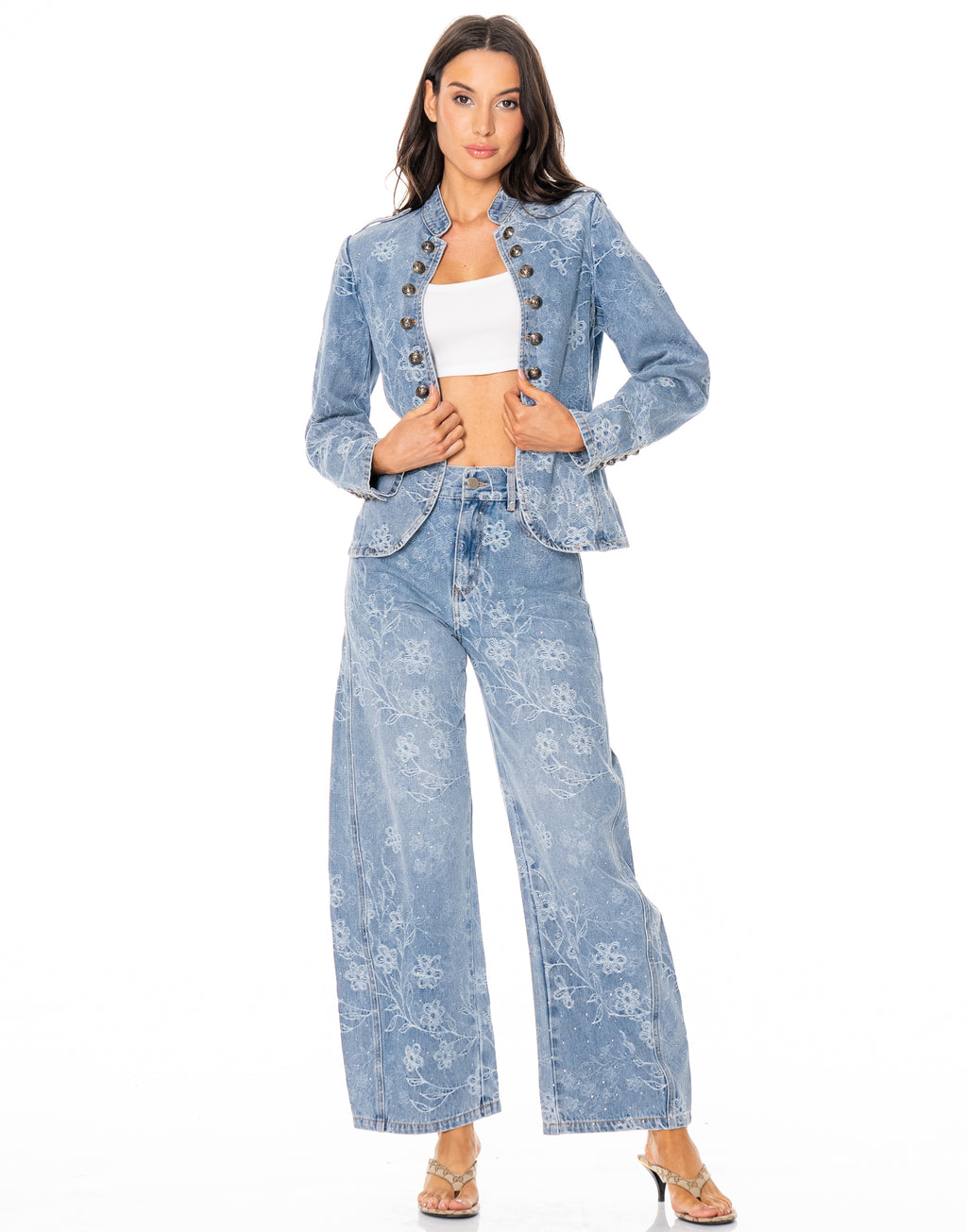 Floral Embossed Military Button Denim Jacket - Denim