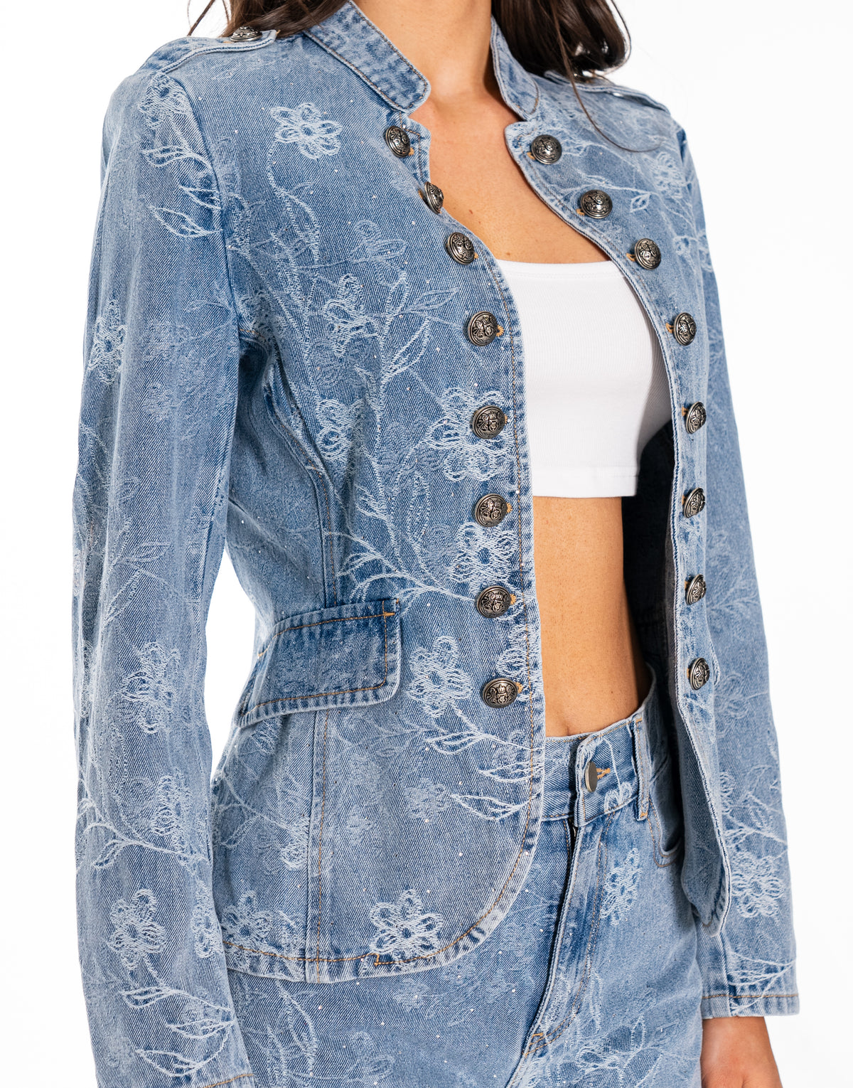 Floral Embossed Military Button Denim Jacket - Denim