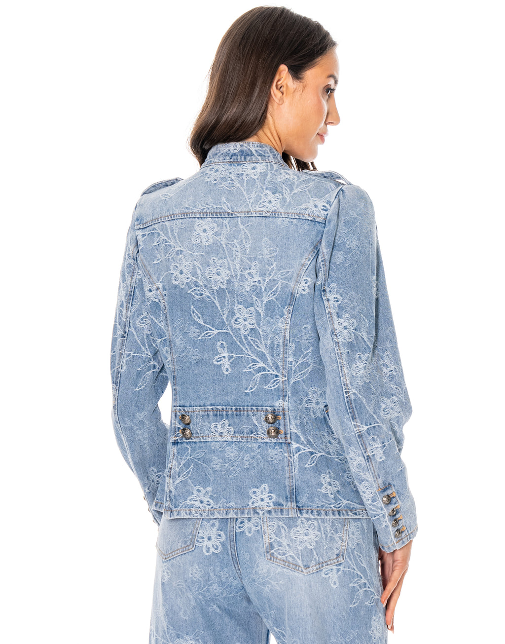 Floral Embossed Military Button Denim Jacket - Denim