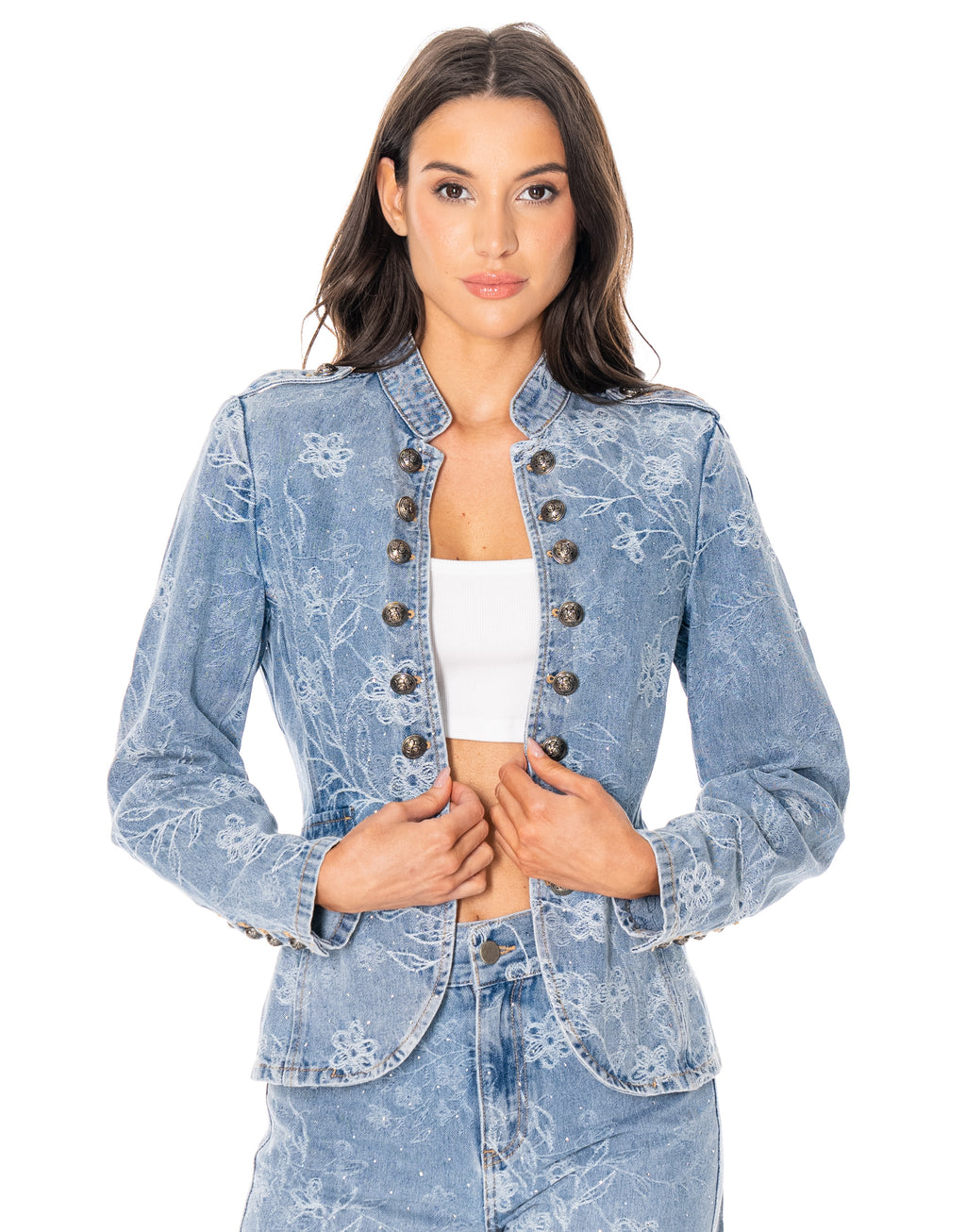Floral Embossed Military Button Denim Jacket - Denim