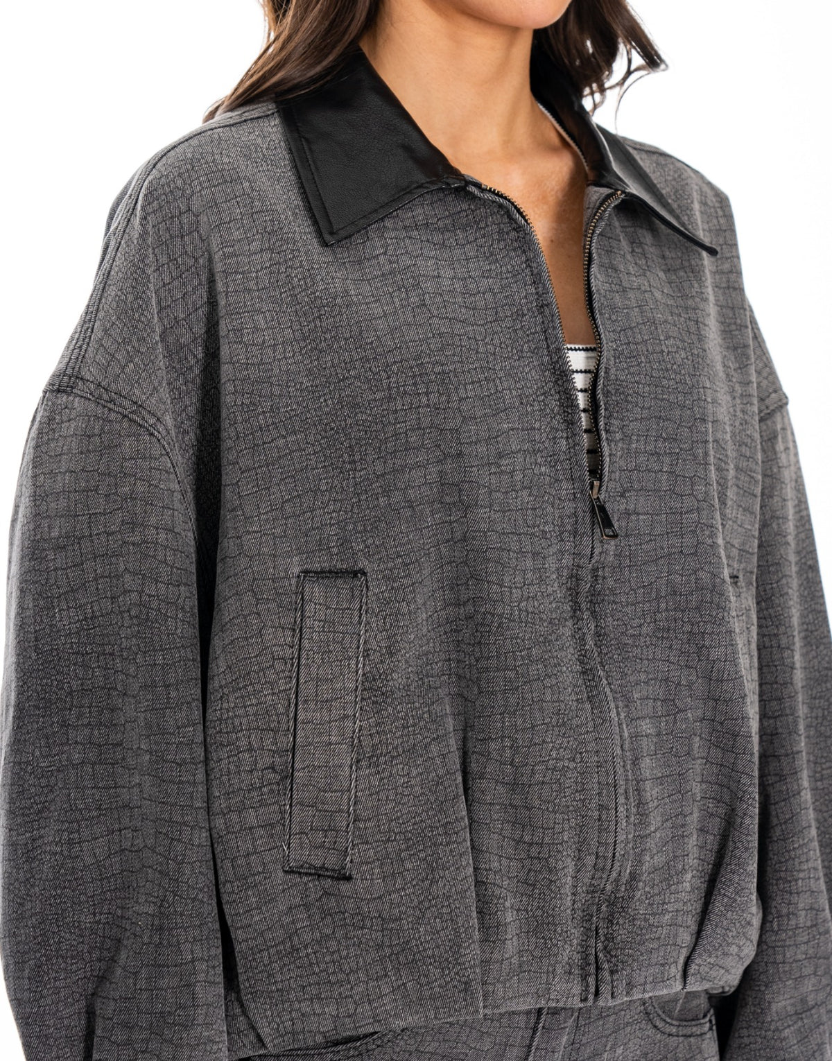 Croc Textured Denim Bomber Jacket - Grey