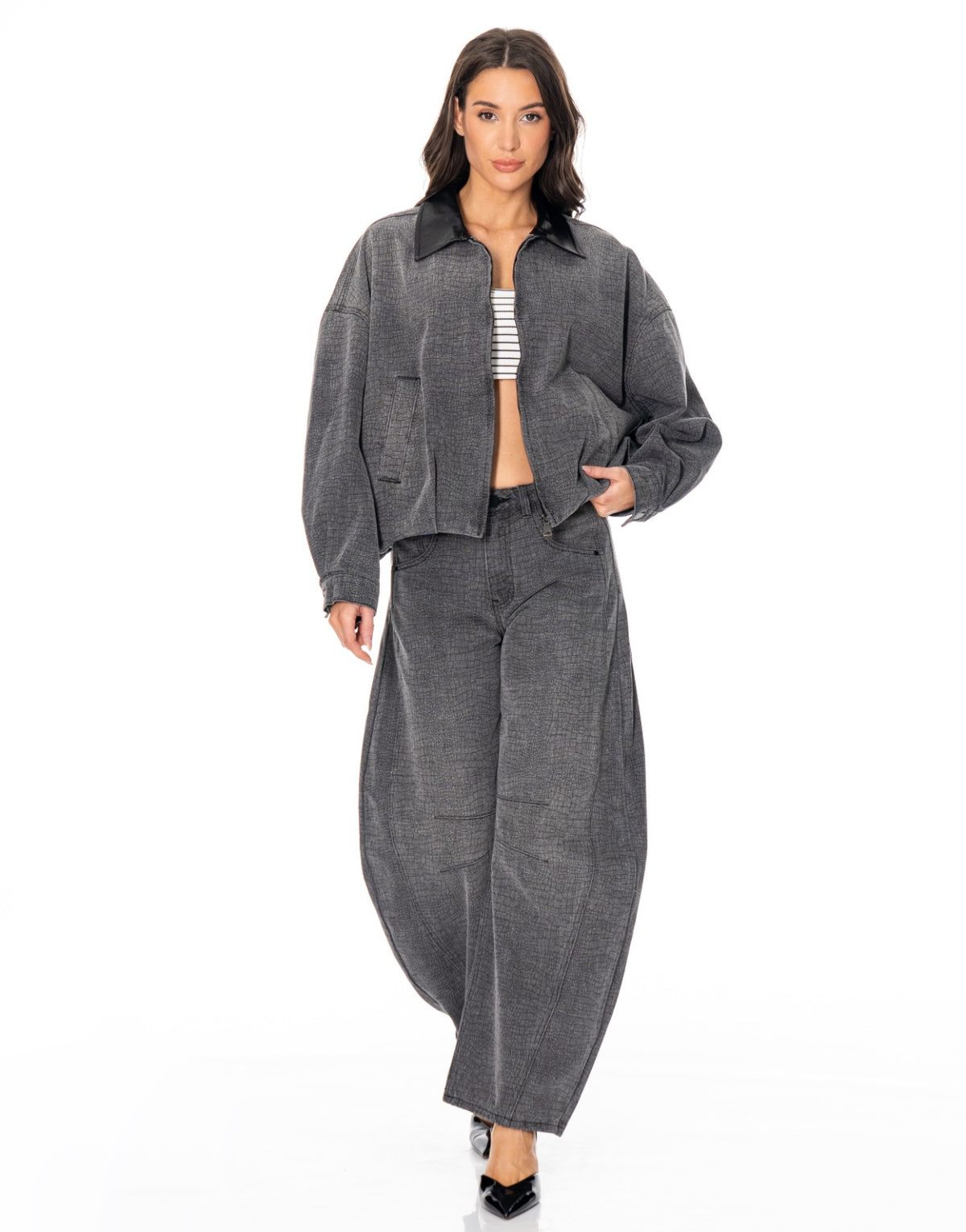 Croc Textured Denim Bomber Jacket - Grey