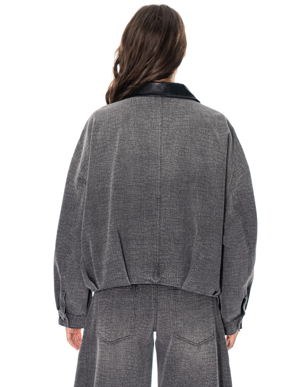 Croc Textured Denim Bomber Jacket - Grey