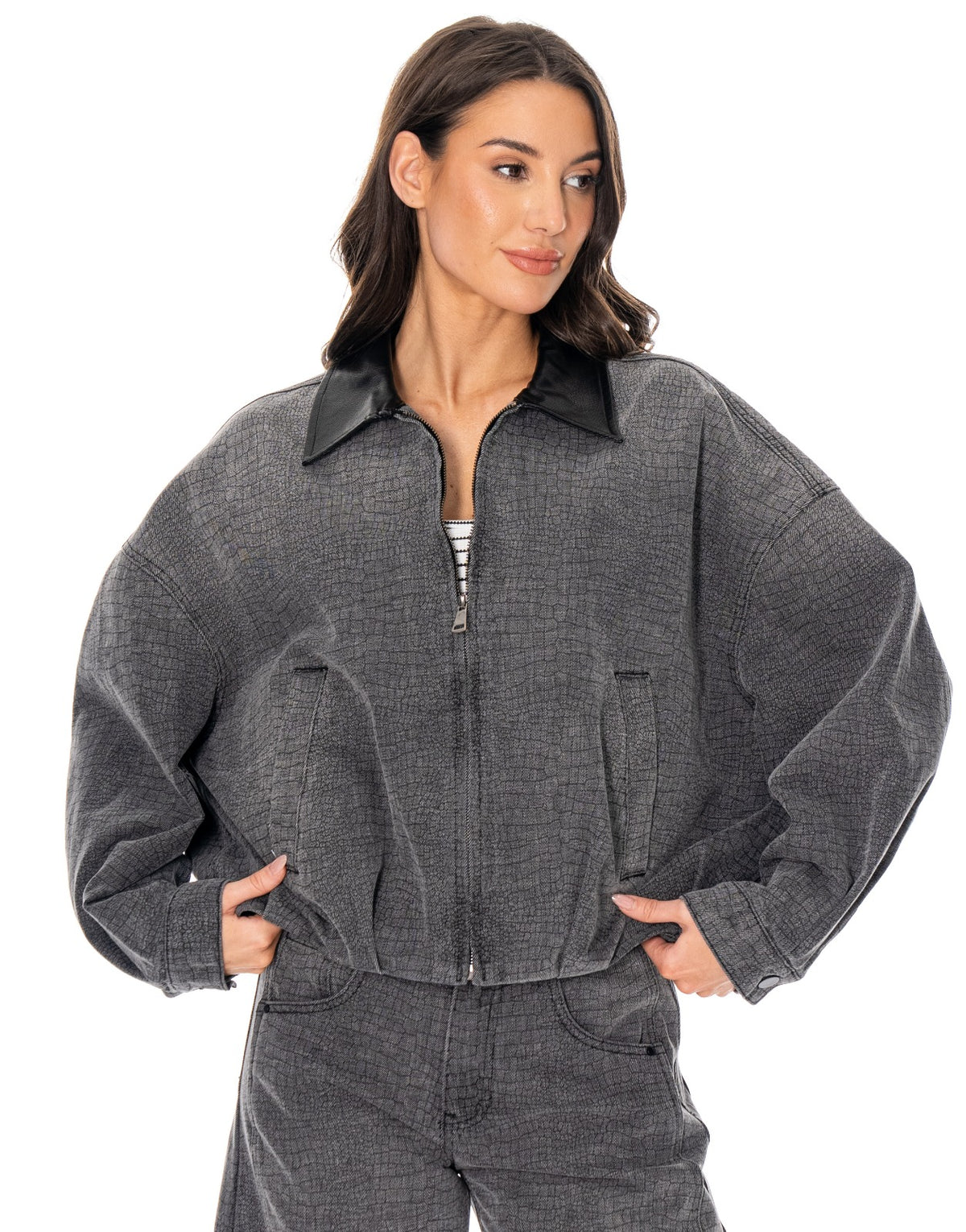 Croc Textured Denim Bomber Jacket - Grey
