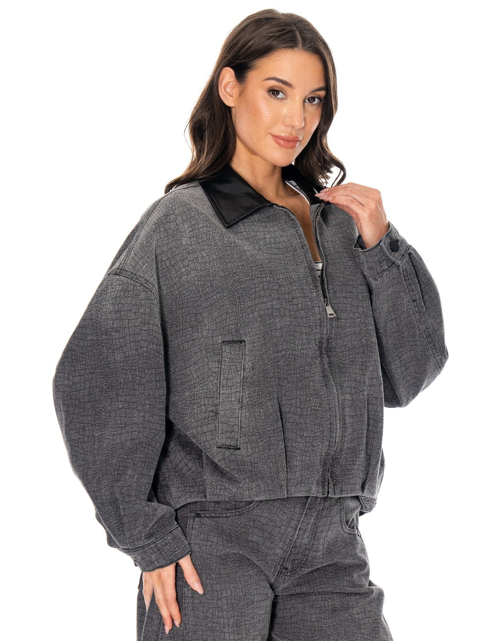 Croc Textured Denim Bomber Jacket - Grey