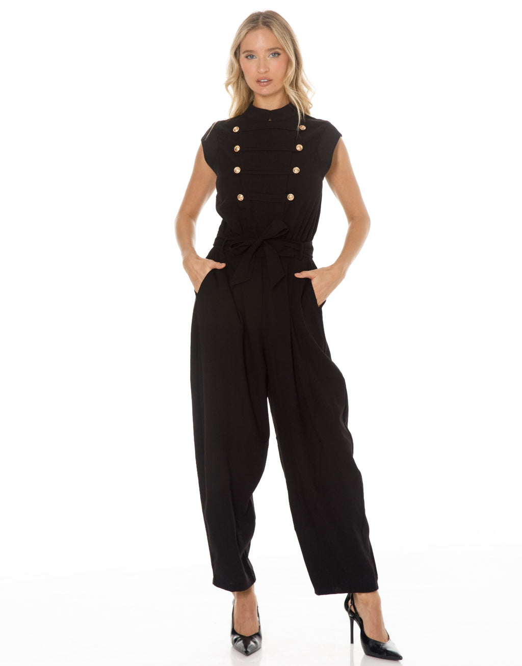 Sleeveless Double Breasted Belted Jumpsuit - Black