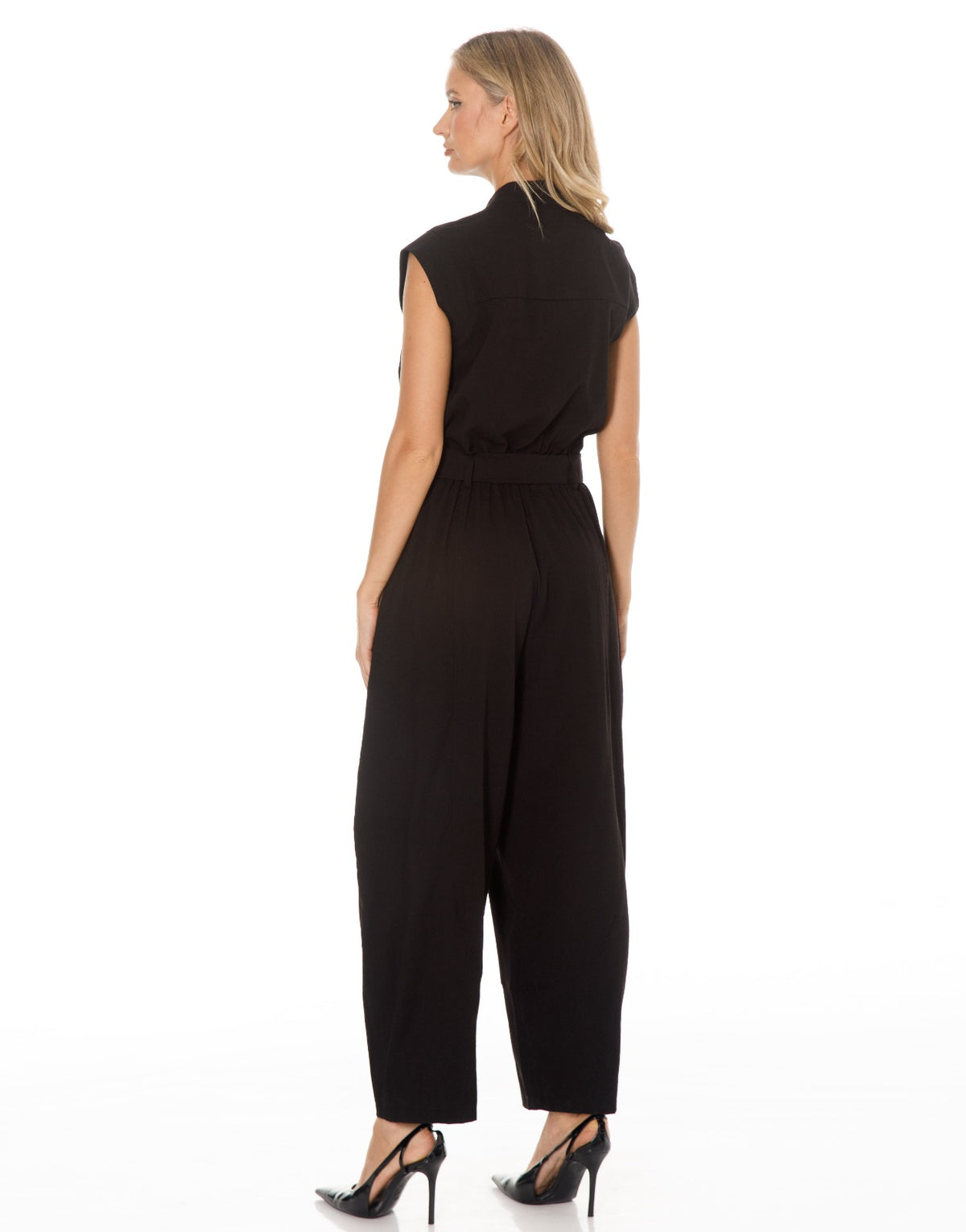 Sleeveless Double Breasted Belted Jumpsuit - Black