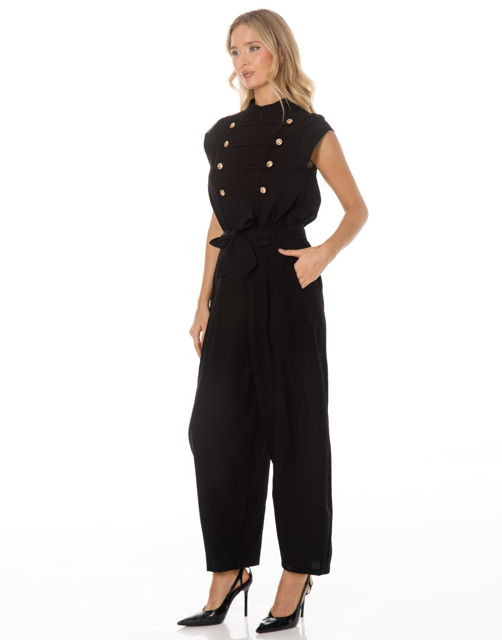 Sleeveless Double Breasted Belted Jumpsuit - Black