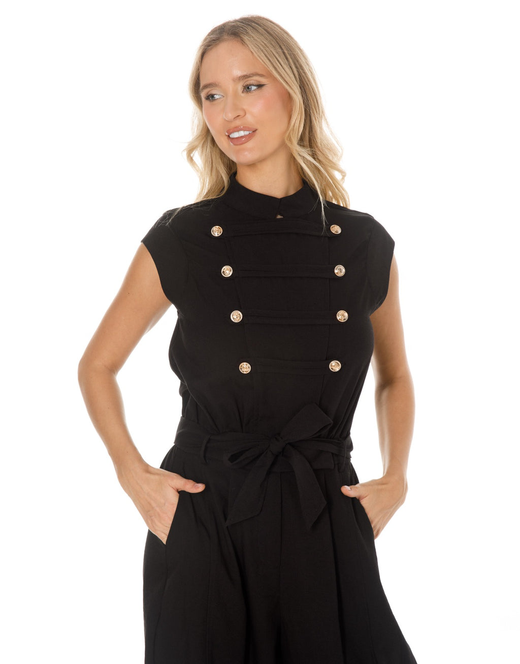 Sleeveless Double Breasted Belted Jumpsuit - Black