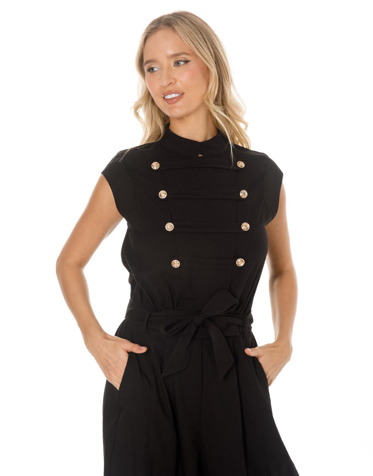 Sleeveless Double Breasted Belted Jumpsuit - Black