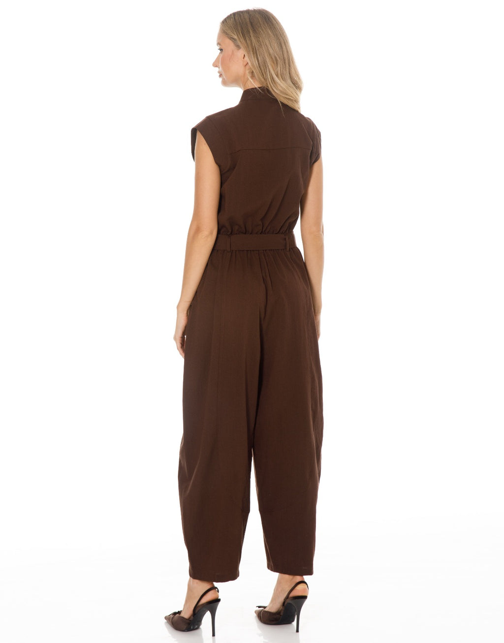 Sleeveless Double Breasted Belted Jumpsuit - Brown
