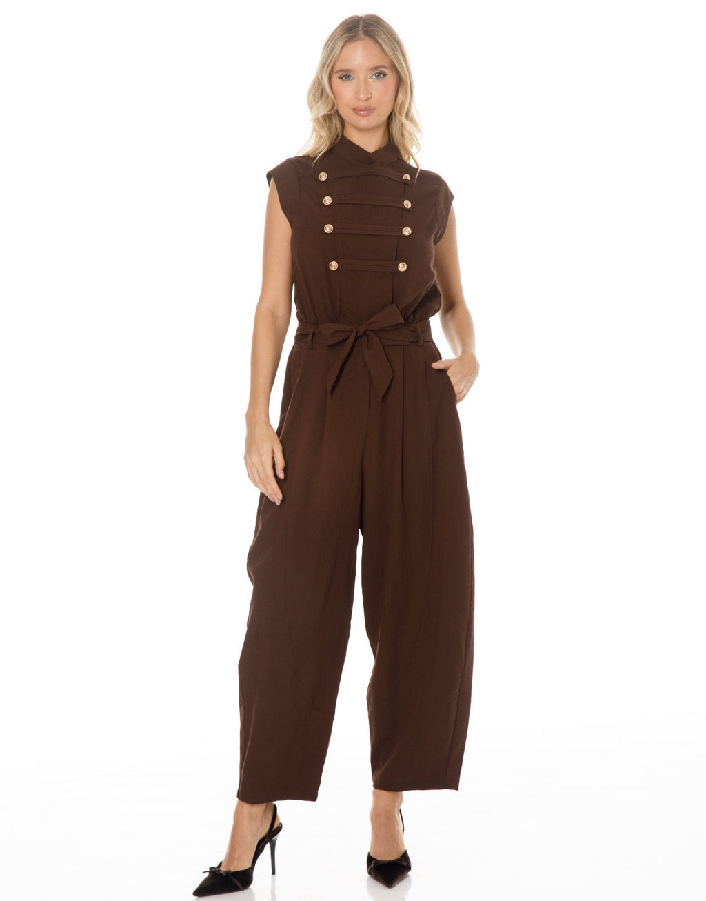 Sleeveless Double Breasted Belted Jumpsuit - Brown