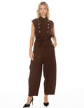 Sleeveless Double Breasted Belted Jumpsuit - Brown