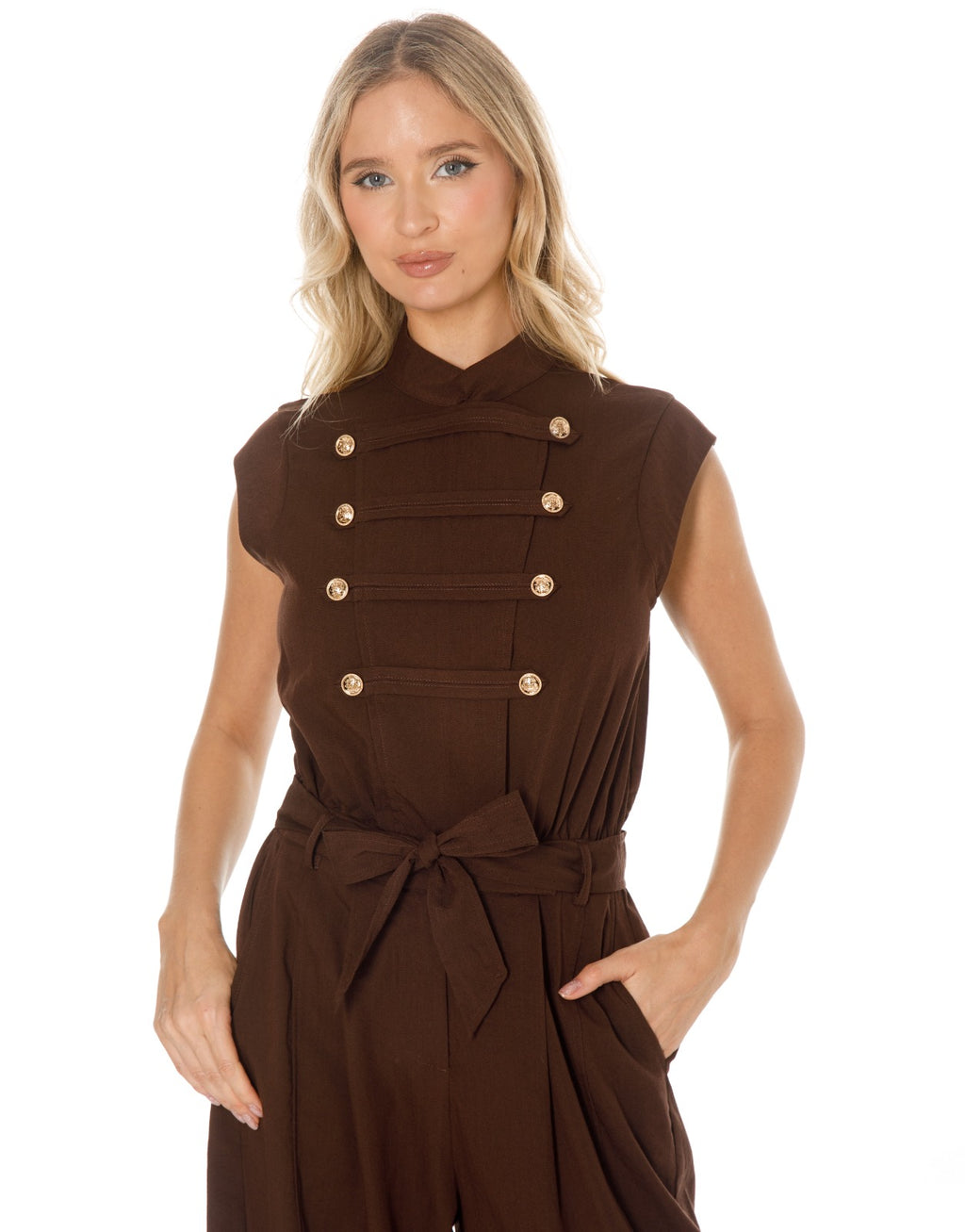 Sleeveless Double Breasted Belted Jumpsuit - Brown