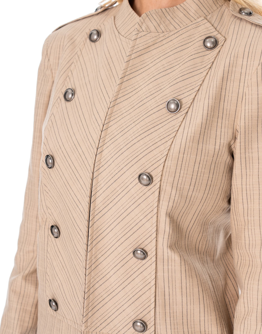 Pinstripe Band Collar Military Jacket - Camel