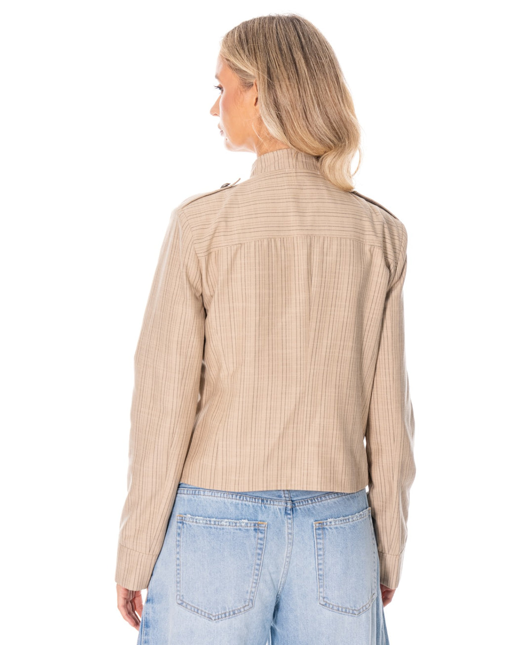Pinstripe Band Collar Military Jacket - Camel