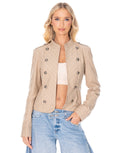 Pinstripe Band Collar Military Jacket - Camel