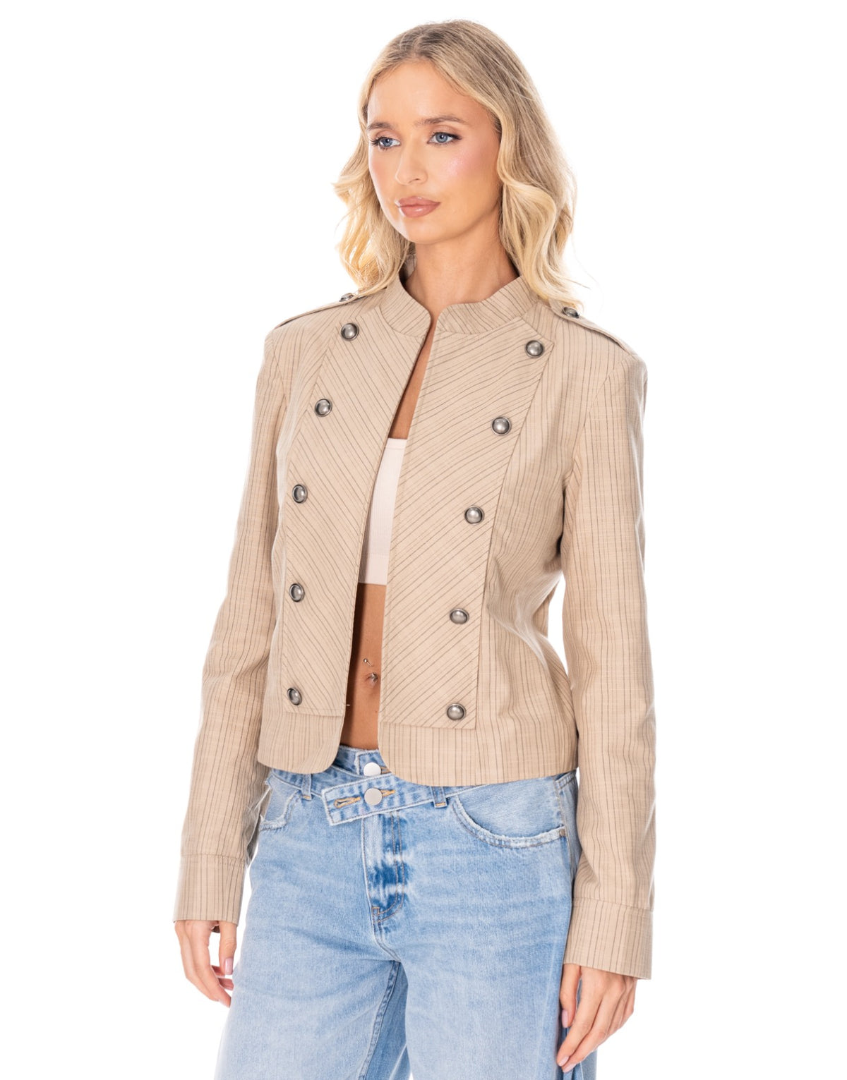Pinstripe Band Collar Military Jacket - Camel
