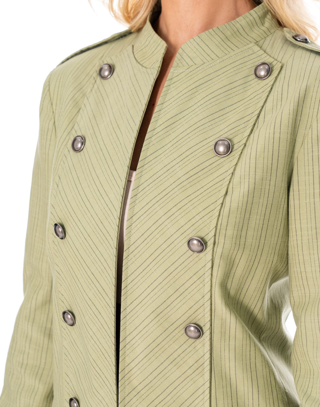 Pinstripe Band Collar Military Jacket - Green