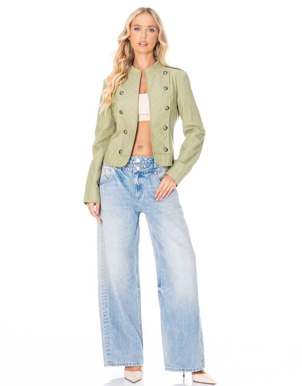 Pinstripe Band Collar Military Jacket - Green