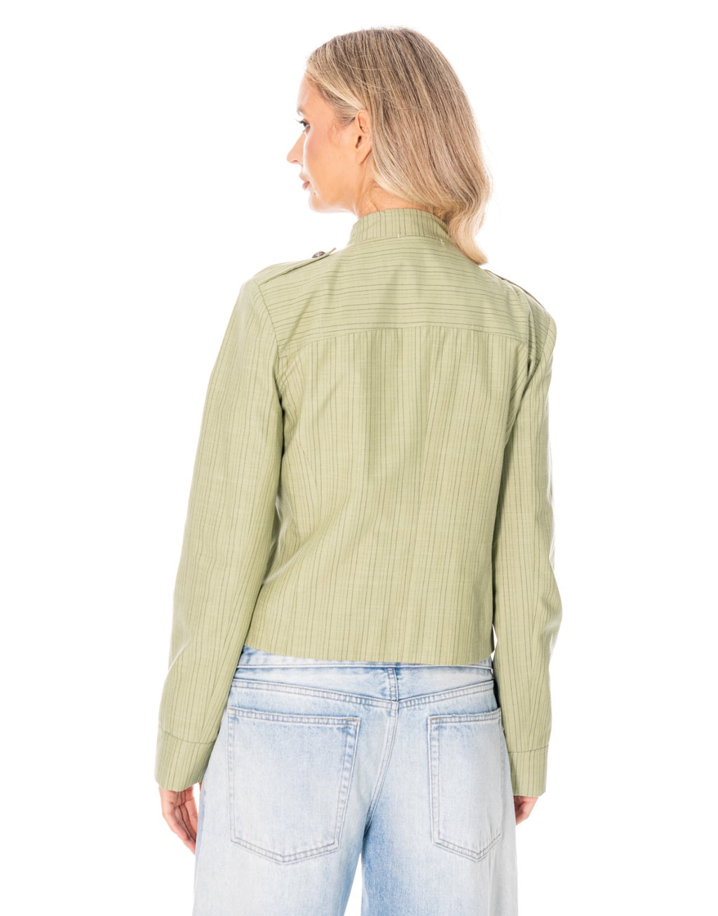 Pinstripe Band Collar Military Jacket - Green