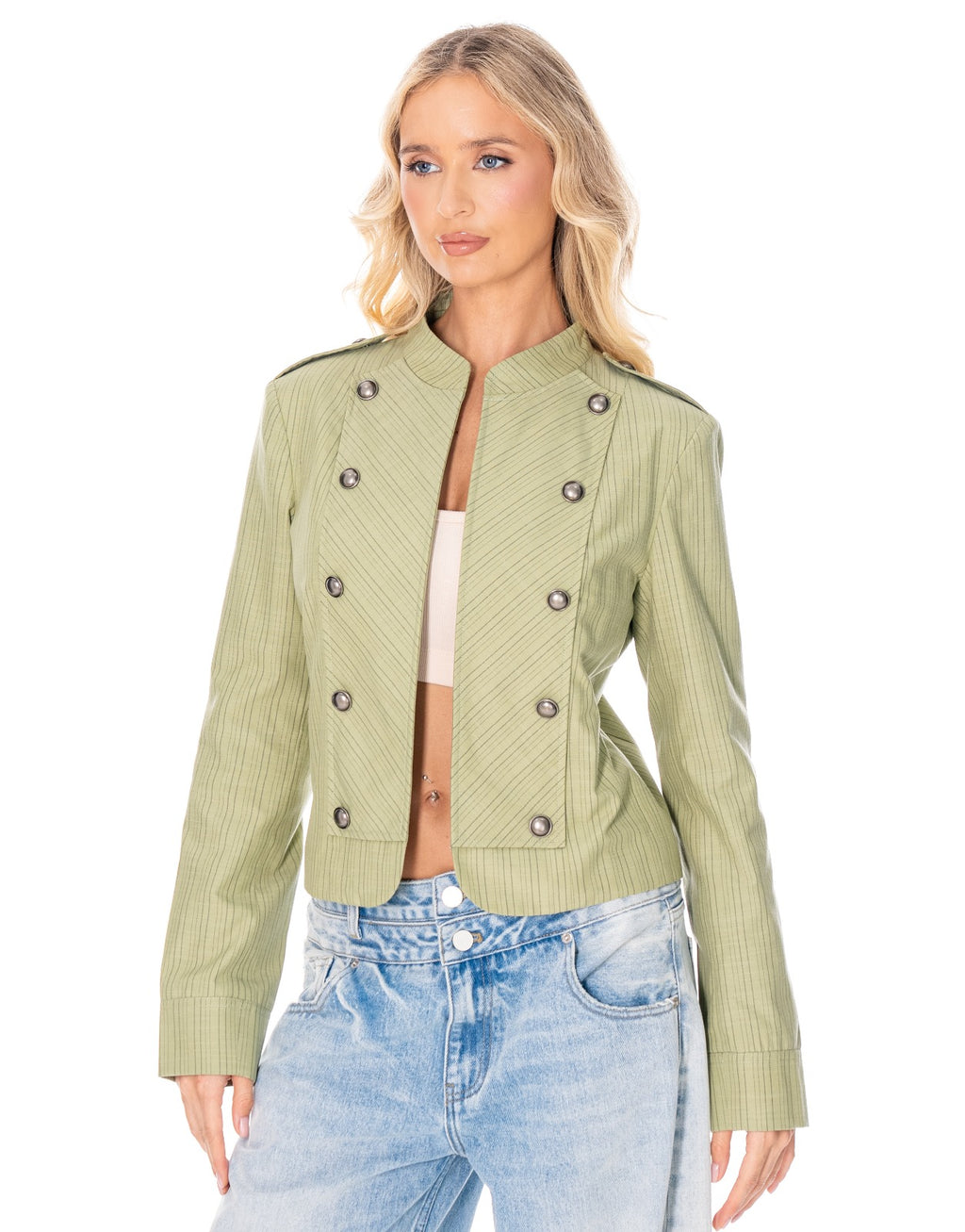 Pinstripe Band Collar Military Jacket - Green