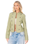 Pinstripe Band Collar Military Jacket - Green