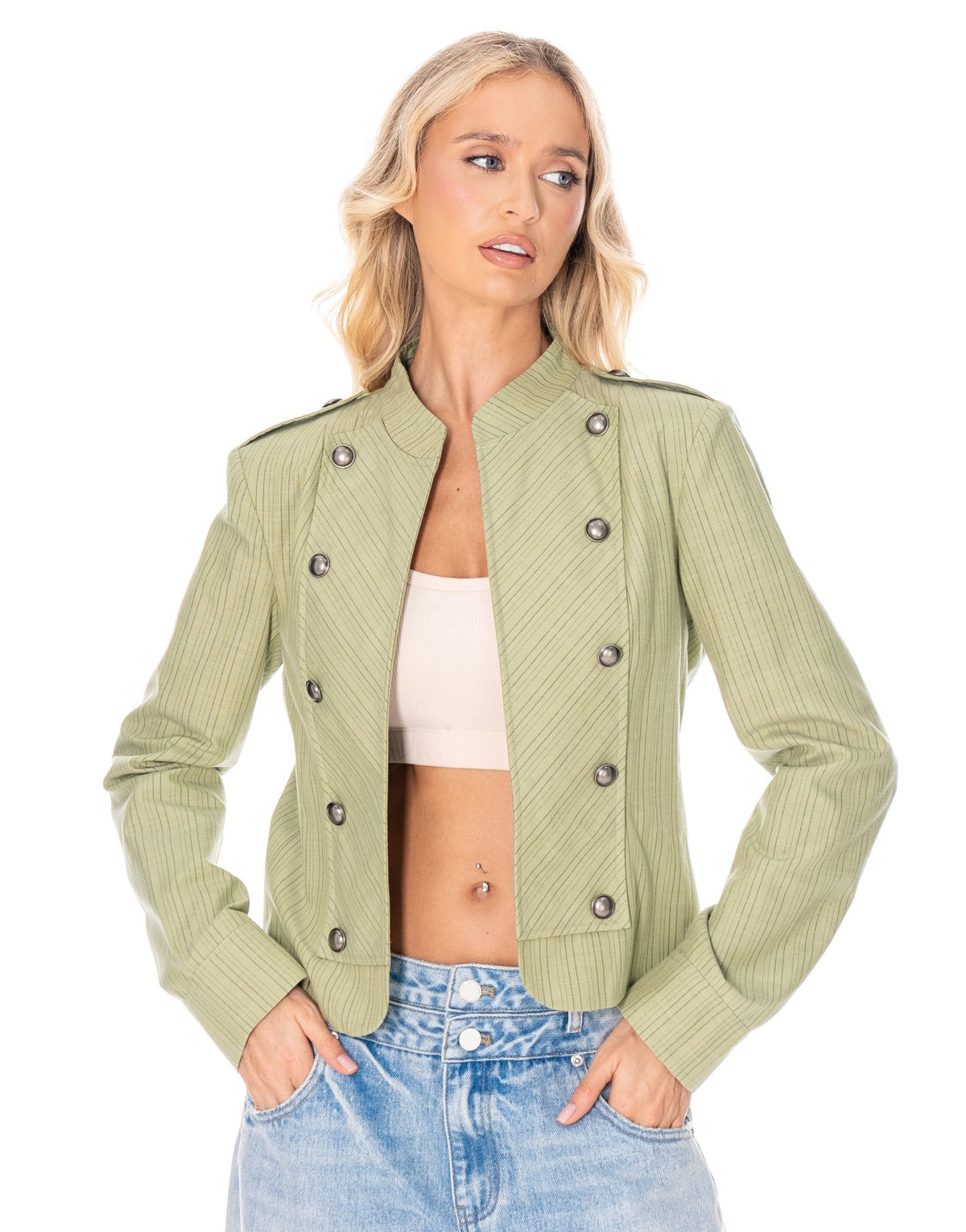 Pinstripe Band Collar Military Jacket - Green