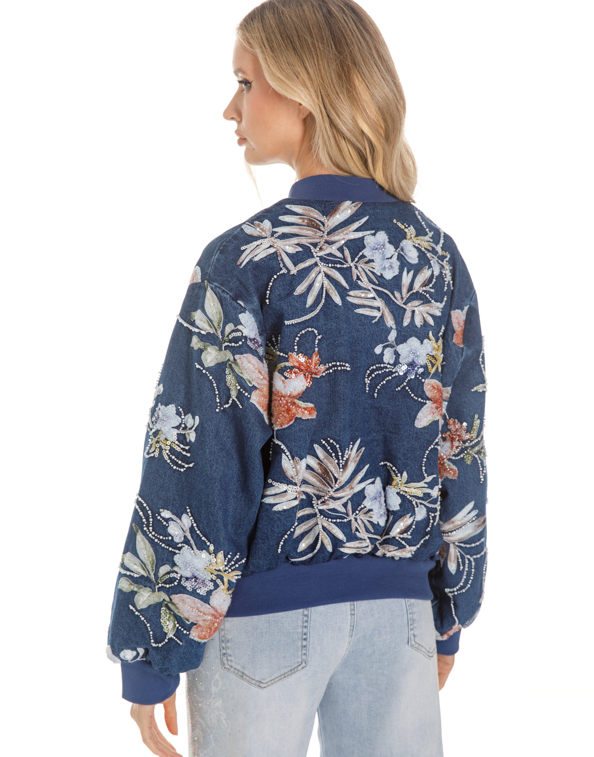 Embellished Floral Denim Bomber Jacket - Dark Denim