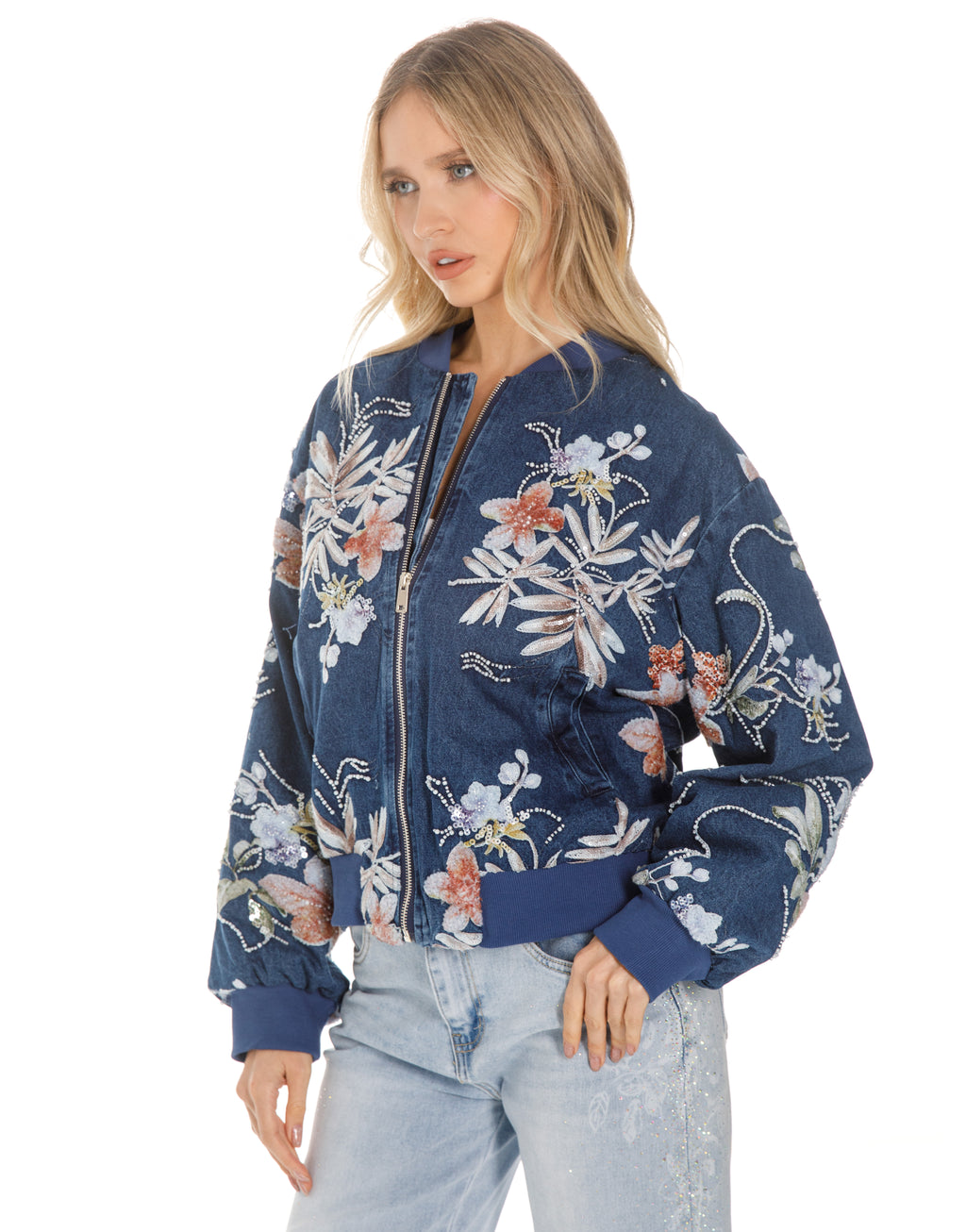 Embellished Floral Denim Bomber Jacket - Dark Denim