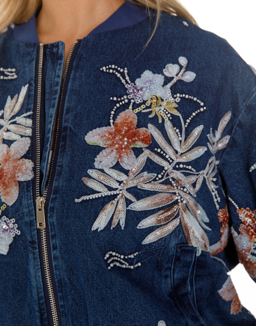 Embellished Floral Denim Bomber Jacket - Dark Denim