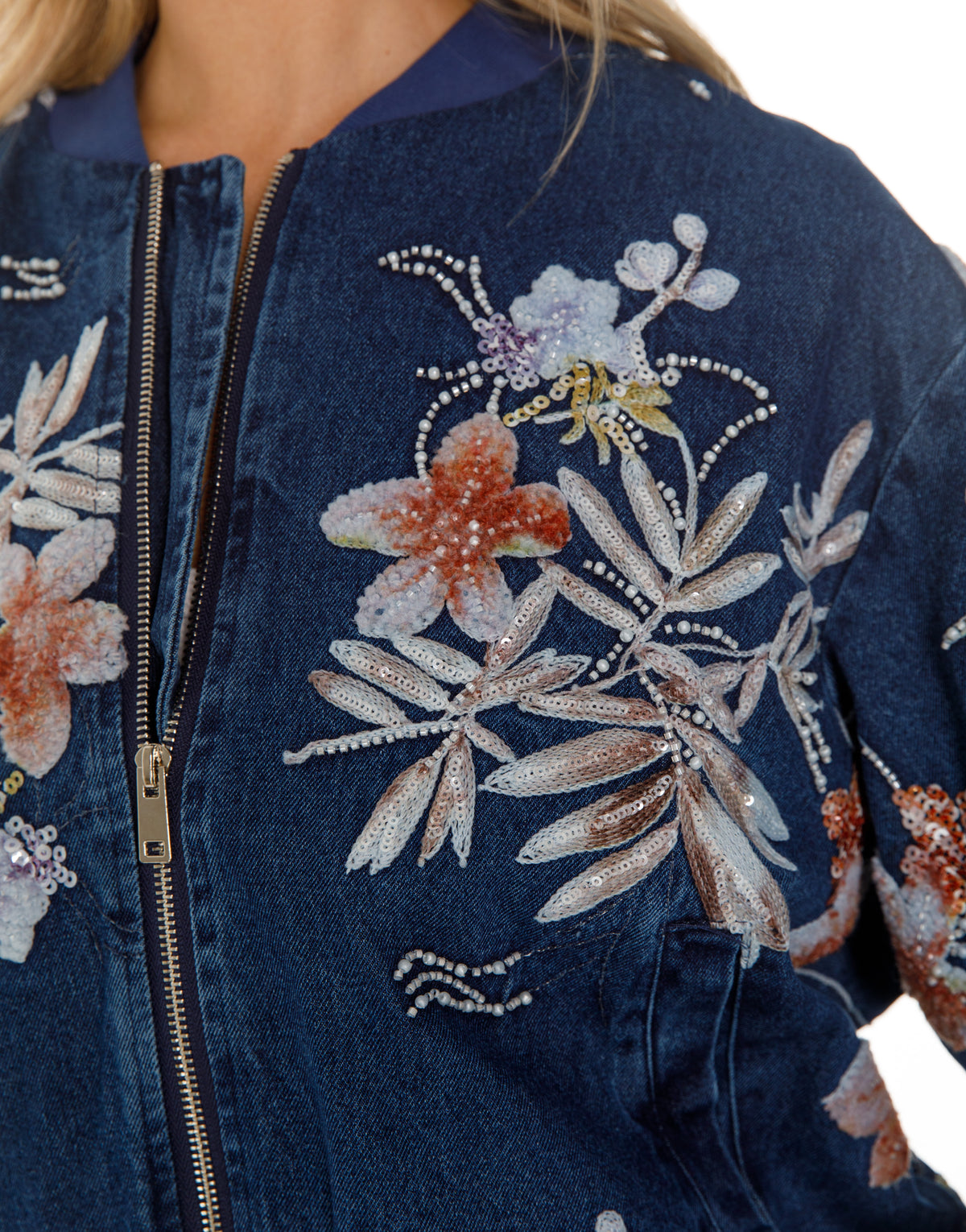 Embellished Floral Denim Bomber Jacket - Dark Denim