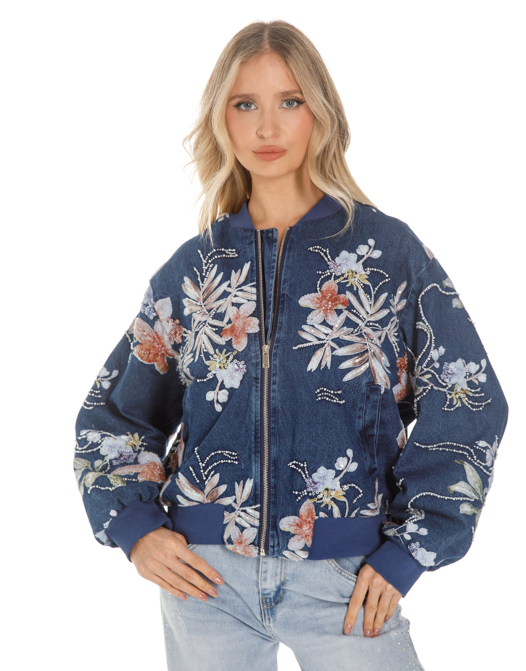 Embellished Floral Denim Bomber Jacket - Dark Denim