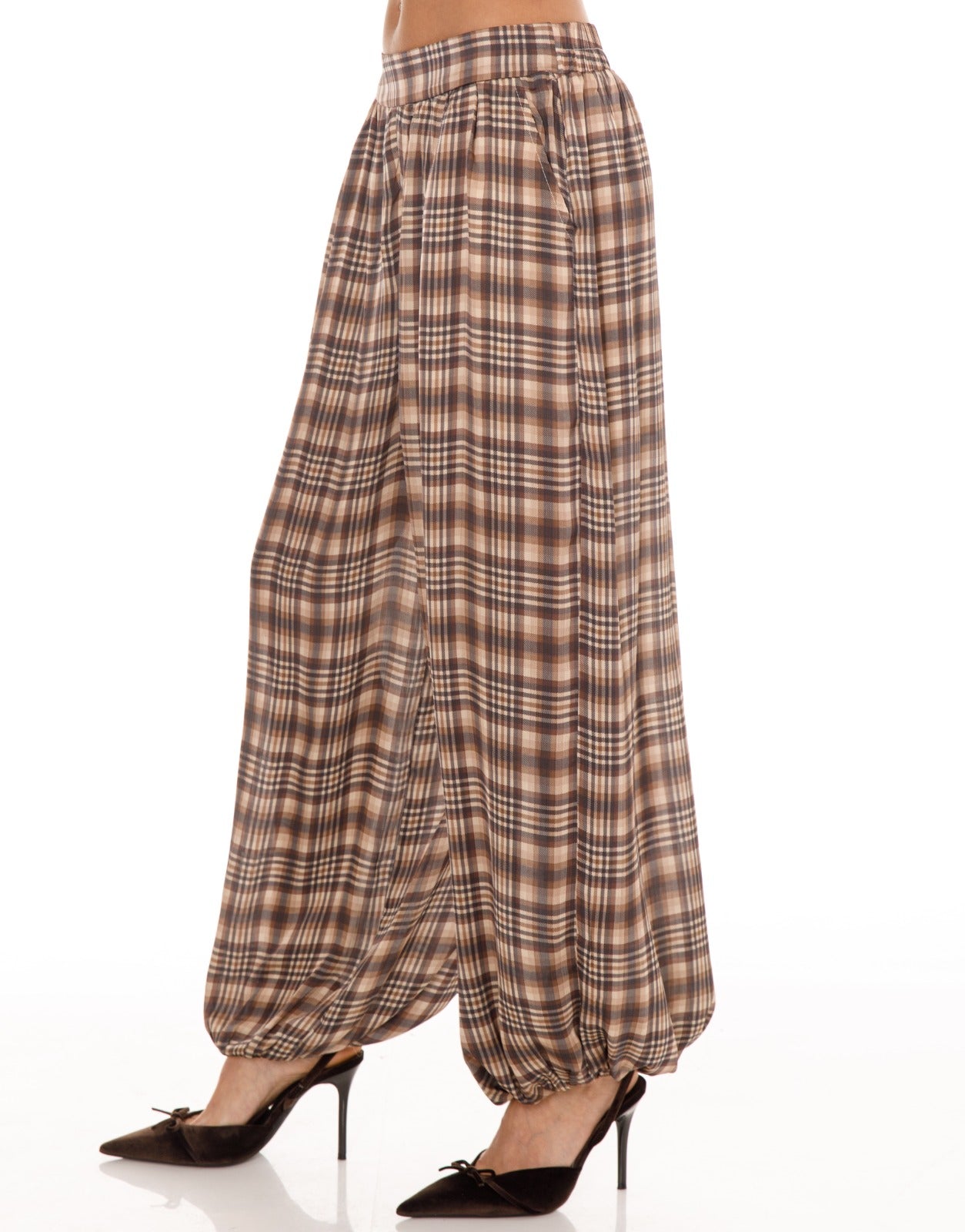 Plaid Harem Pants - Brown