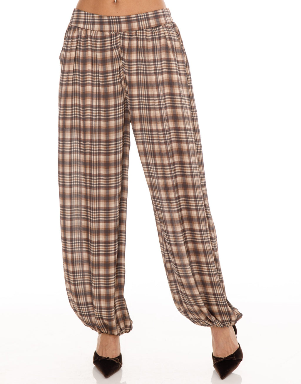 Plaid Harem Pants - Brown