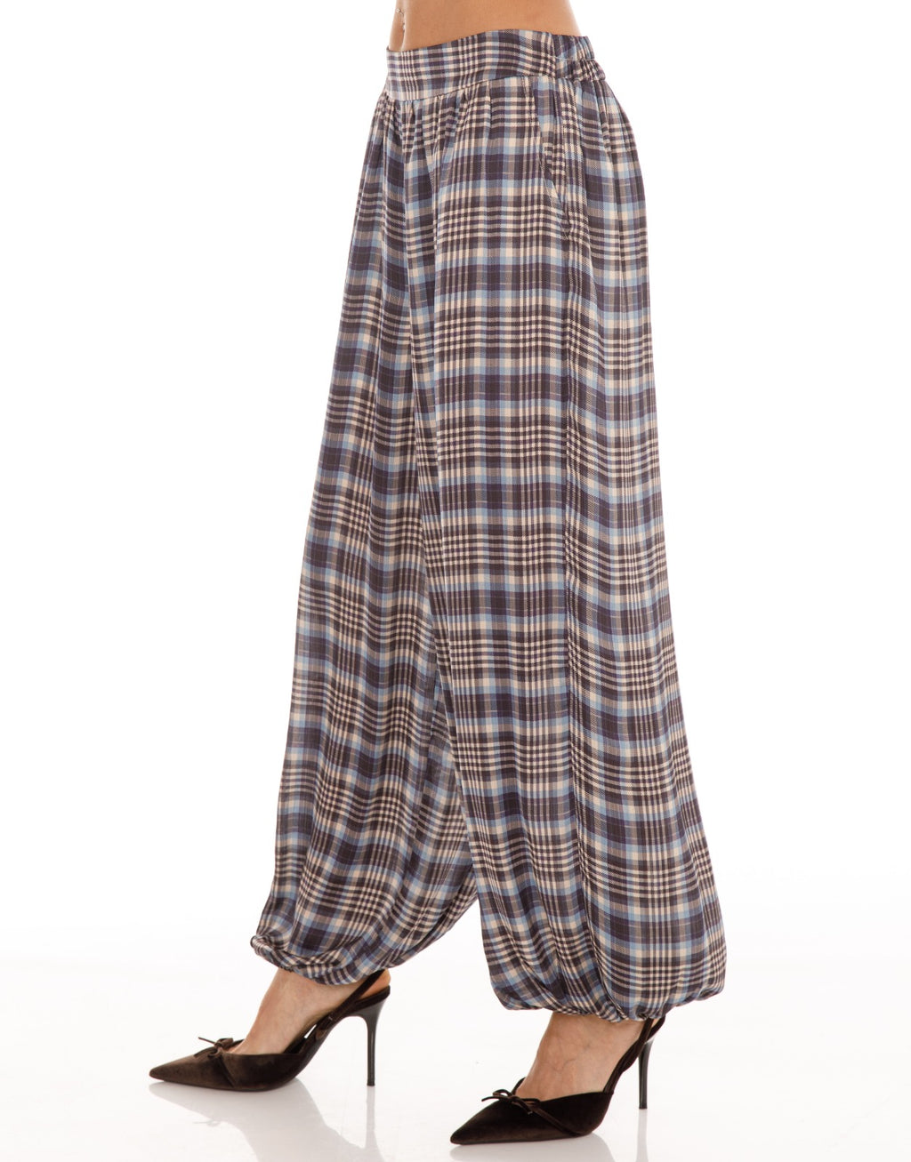 Plaid Harem Pants - Light Blue