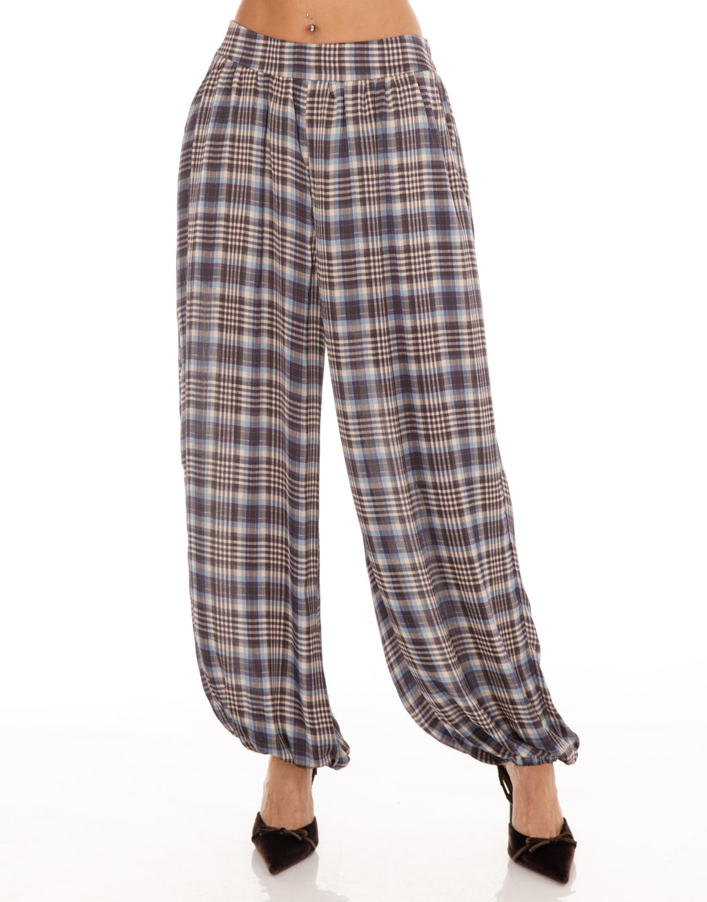 Plaid Harem Pants - Light Blue