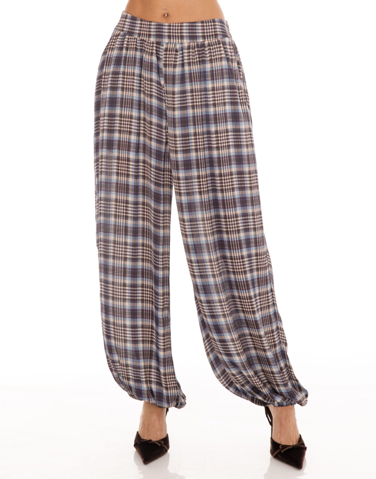 Plaid Harem Pants - Light Blue