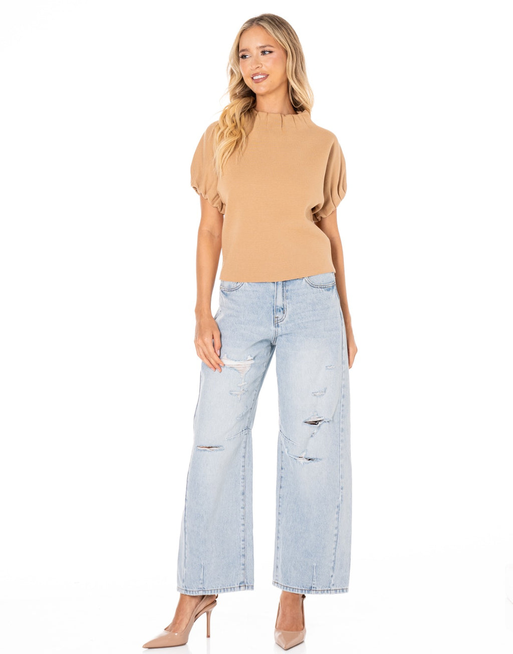 Distressed Wide Leg Jeans - Denim