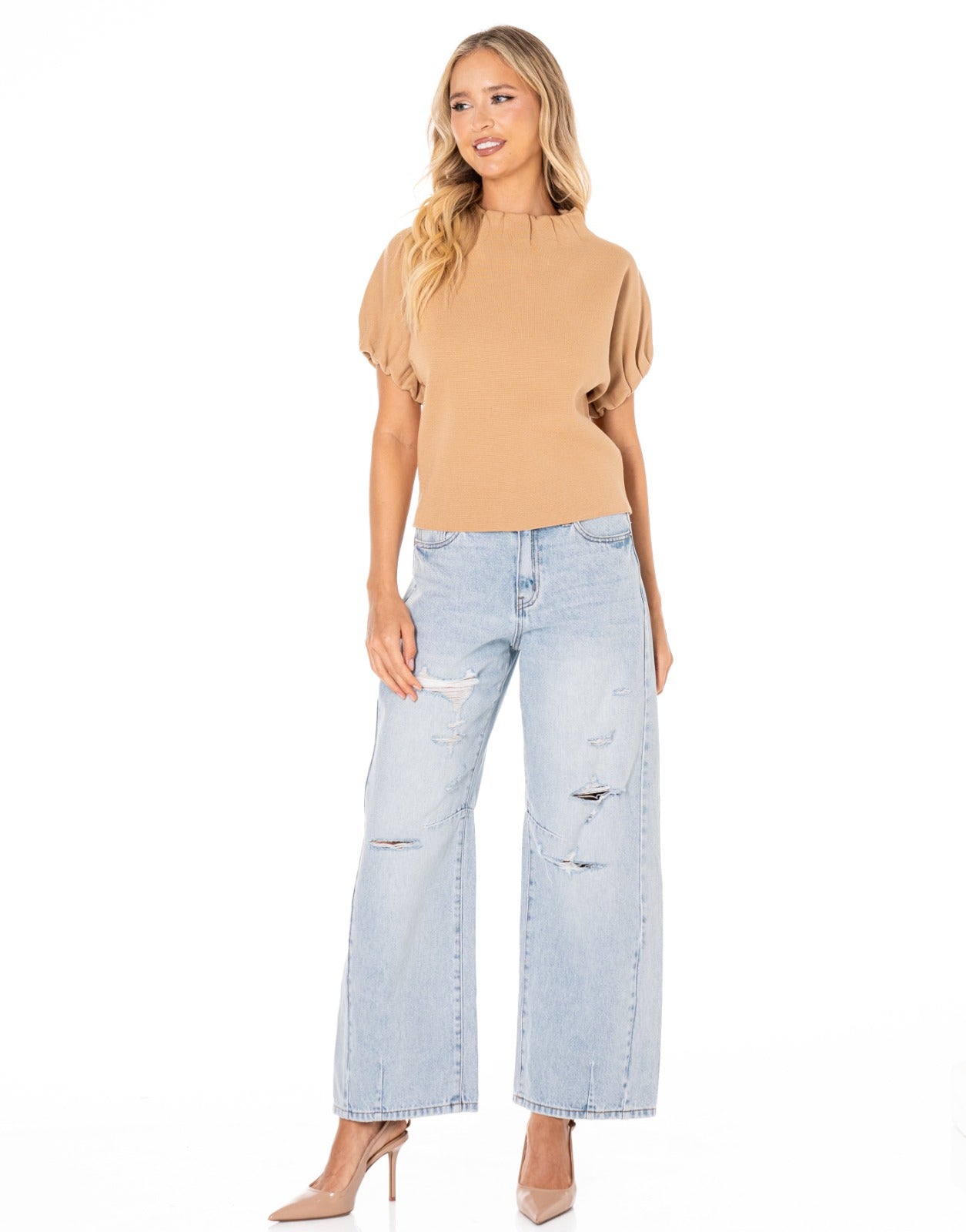 Distressed Wide Leg Jeans - Denim