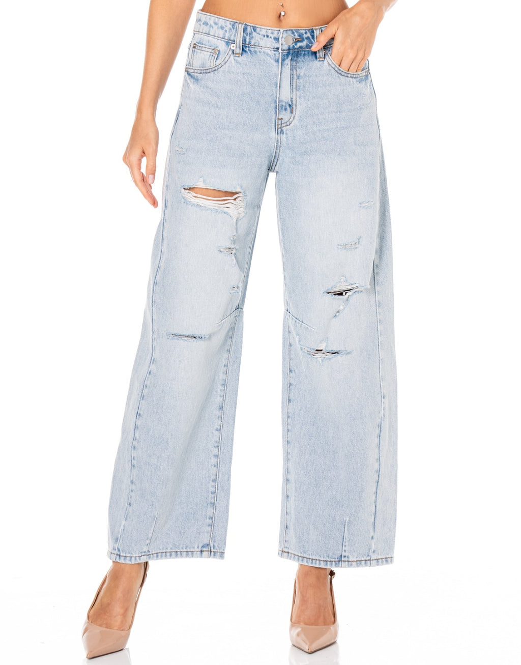Distressed Wide Leg Jeans - Denim