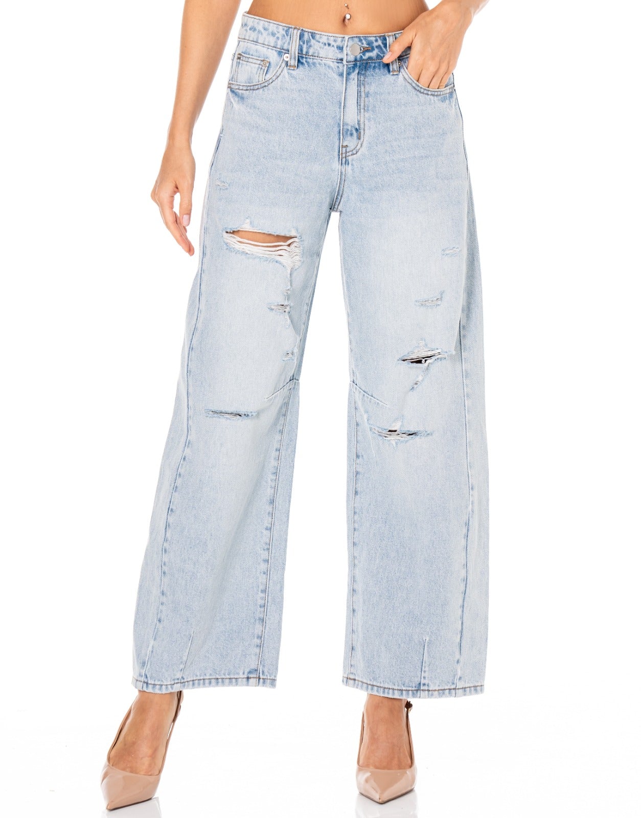 Distressed Wide Leg Jeans - Denim