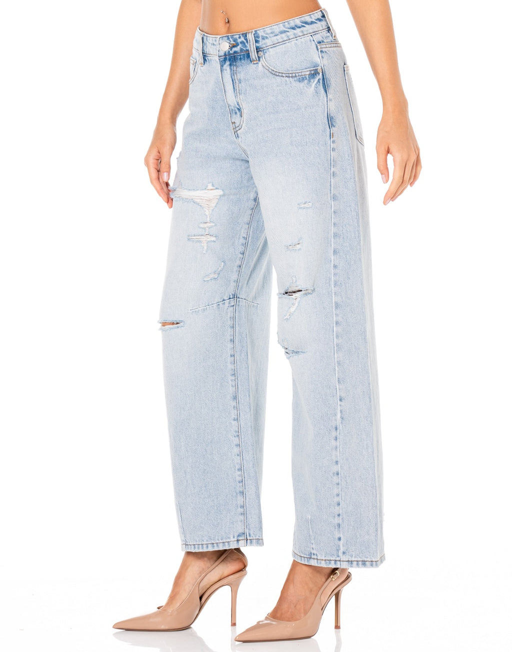 Distressed Wide Leg Jeans - Denim