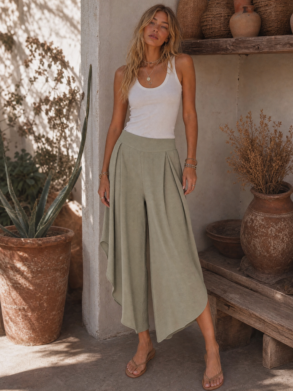 Wide Leg Cropped Pants - Green